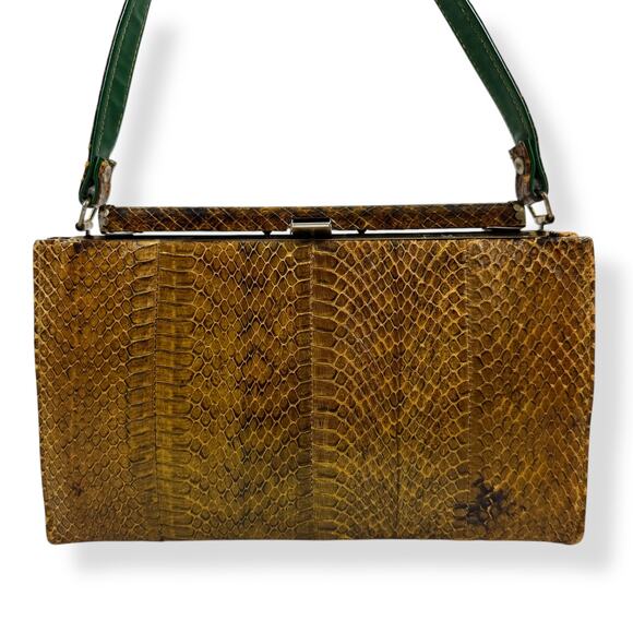1950's brown snakeskin top handle purse - Picture 2 of 16